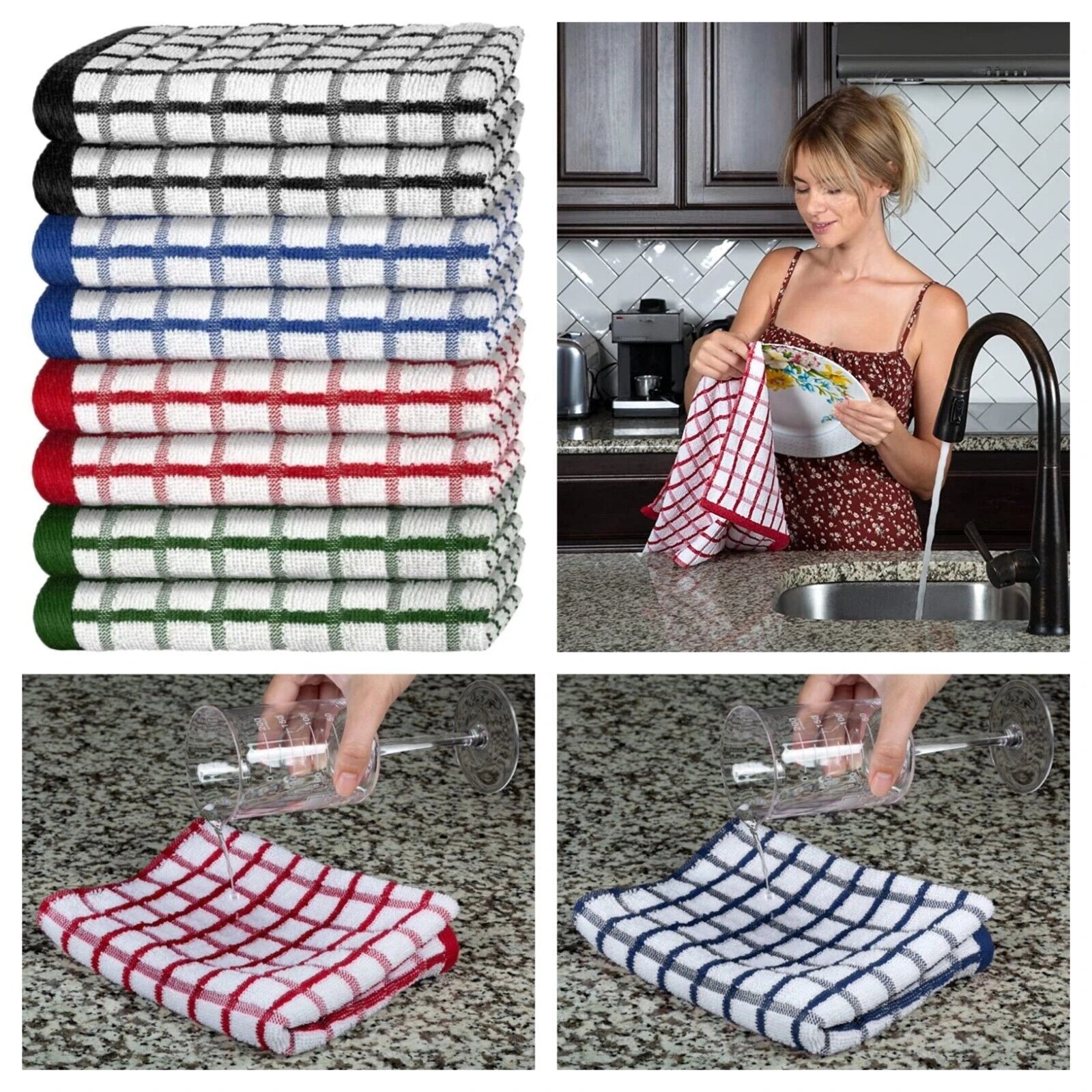 100% Cotton Terry Kitchen Towels Checkered Designed