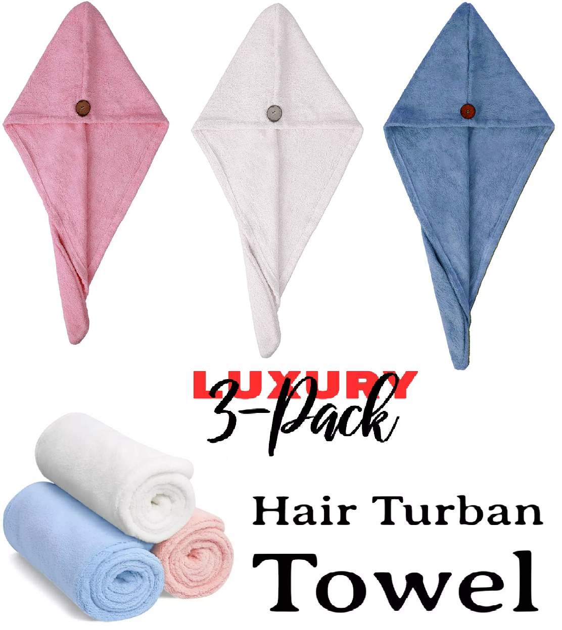 Hair Towel Wrap 3 Pack Hair Towel Turban Turbie 100% Cotton Hair Twist Turban