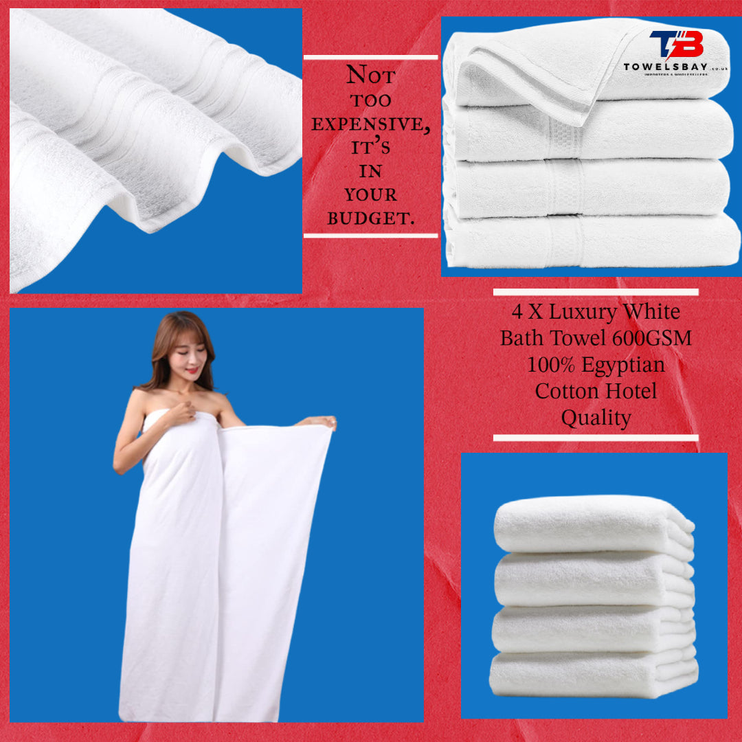 4 X Luxury White Bath Towel 600GSM 100% Egyptian Cotton Hotel Quality