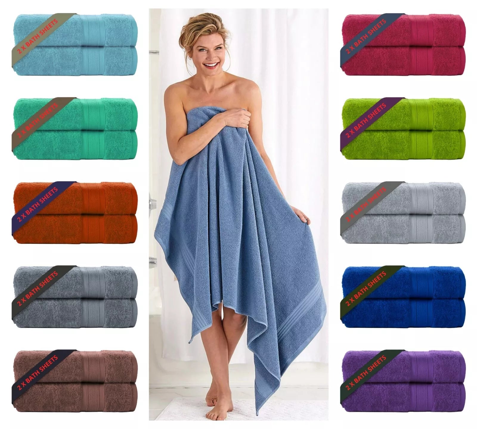 Two-Large Jumbo Budget Bath Sheets 75 cm x 150 cm- Pure Egyptian SheetsCotton 500 GSM - Towelsbay