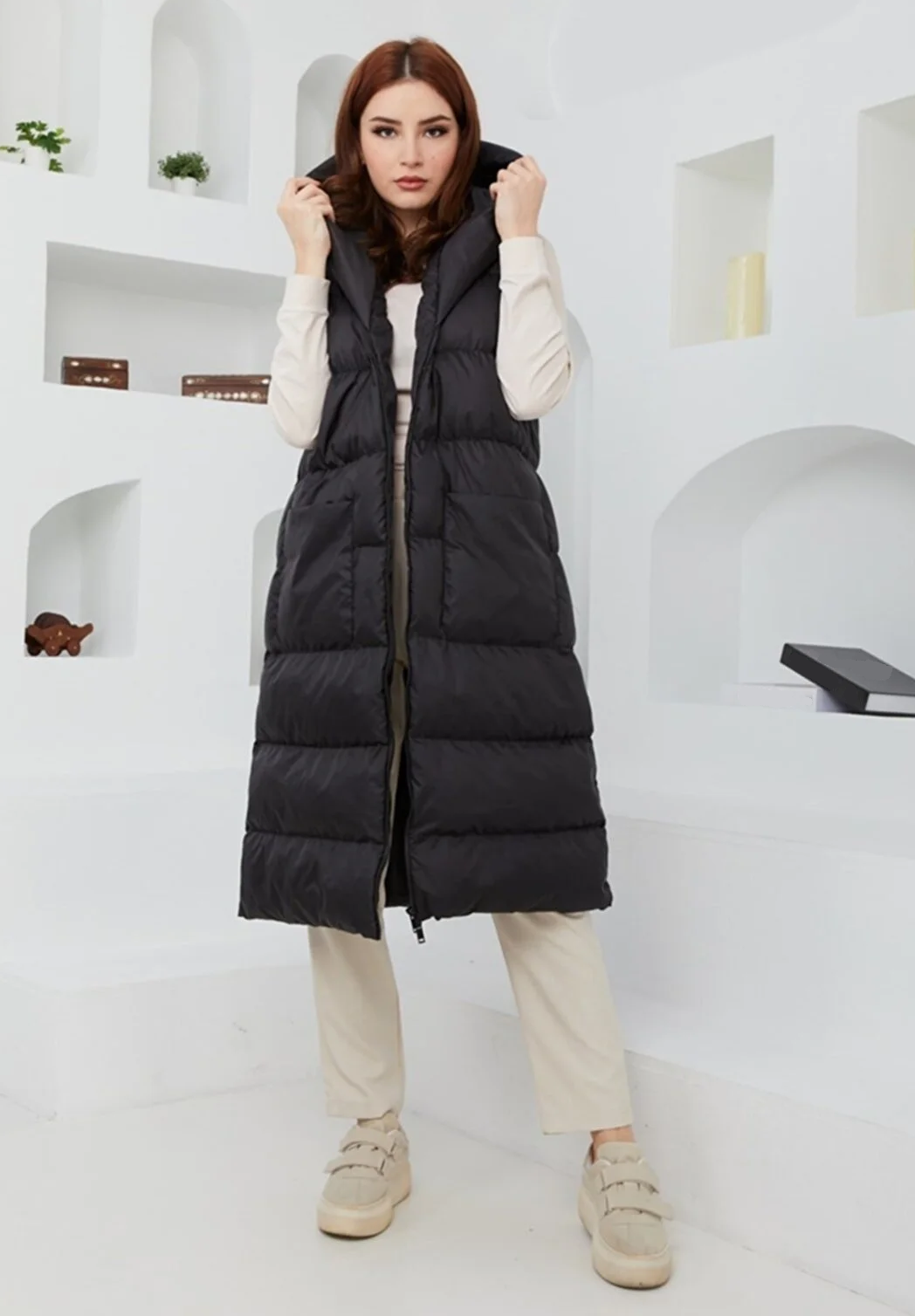 Ladies Womens Hooded Puffer Gilet Jacket Long Line Top Body Warmer Outwear S-5XL