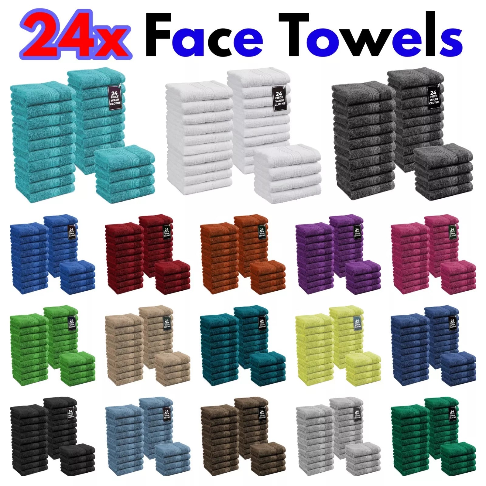 24x Face Cloths Flannels 100% Egyptian Cotton Washcloth Hotel Quality Towels Set