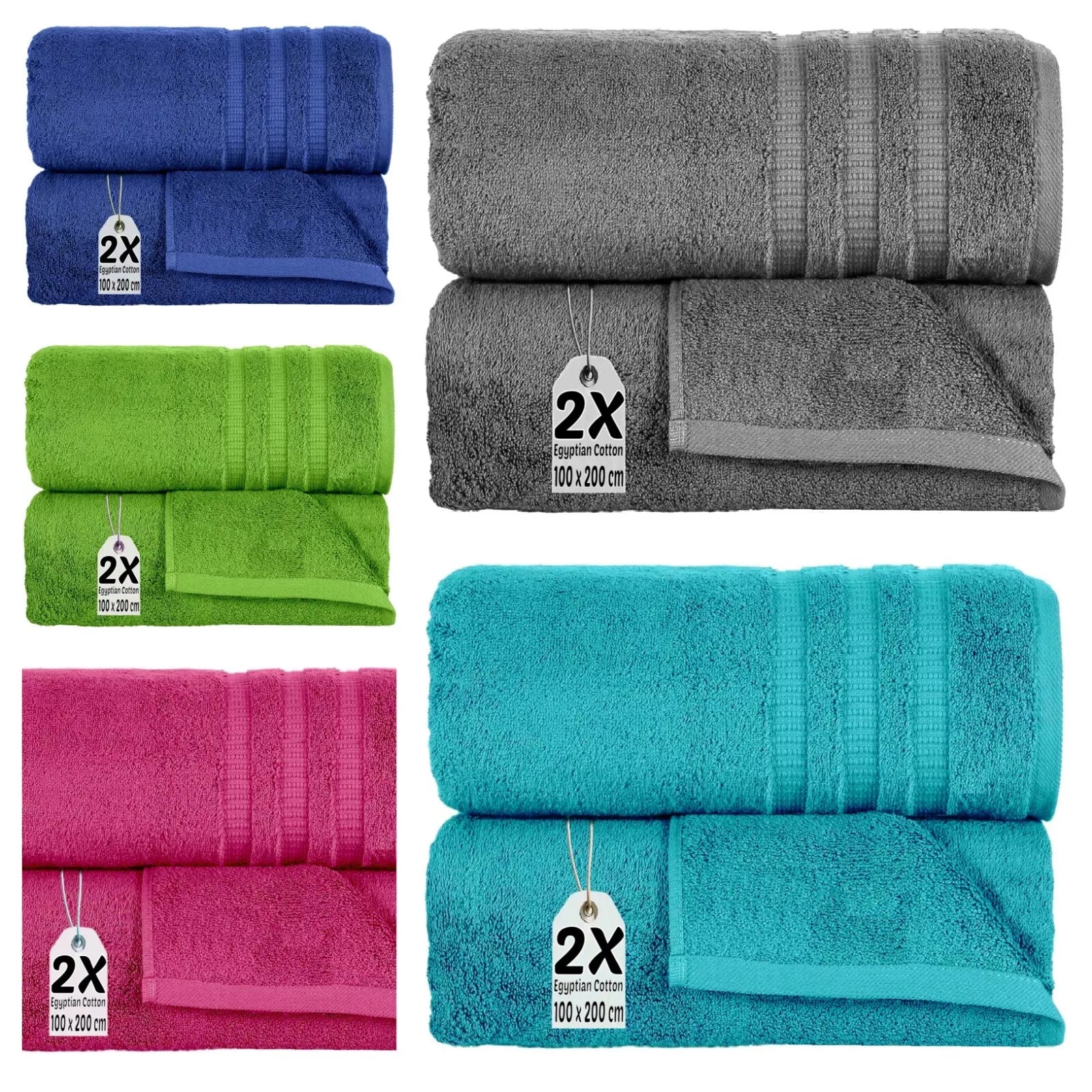 2X Extra Large 100x200cm Jumbo Bath Sheets Towel Set 100% Egyptian Cotton 600GSM - Towelsbay