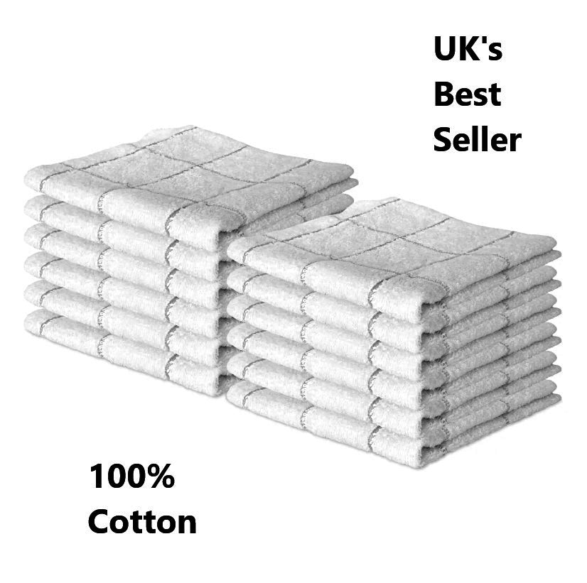 Box of 192 - 100% Cotton Terry Towelling Big Check Kitchen Tea Towels