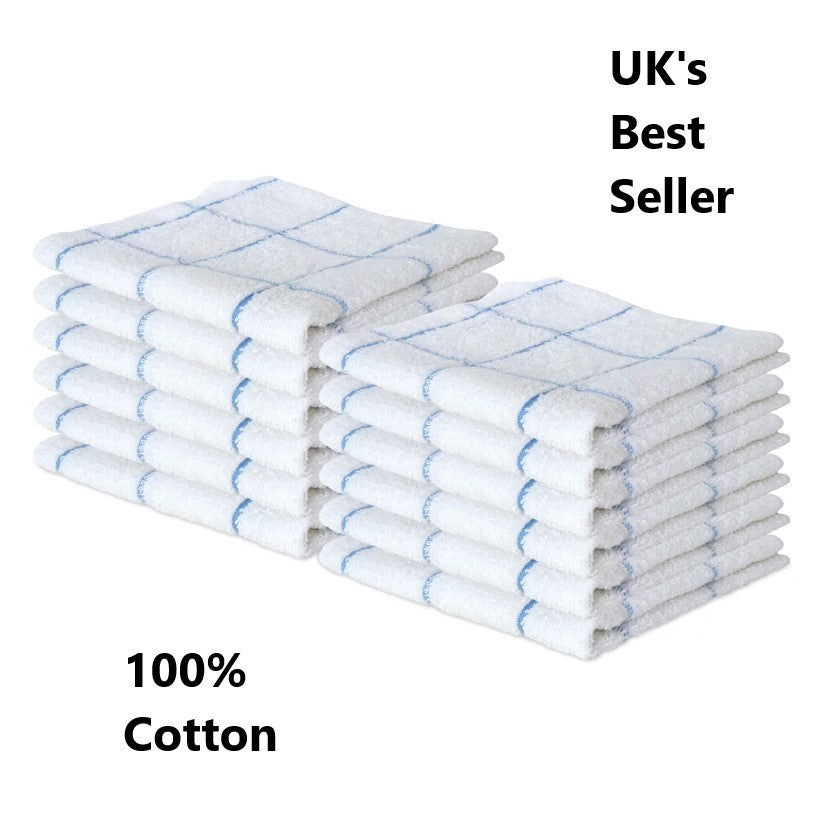 Box of 192 - 100% Cotton Terry Towelling Big Check Kitchen Tea Towels
